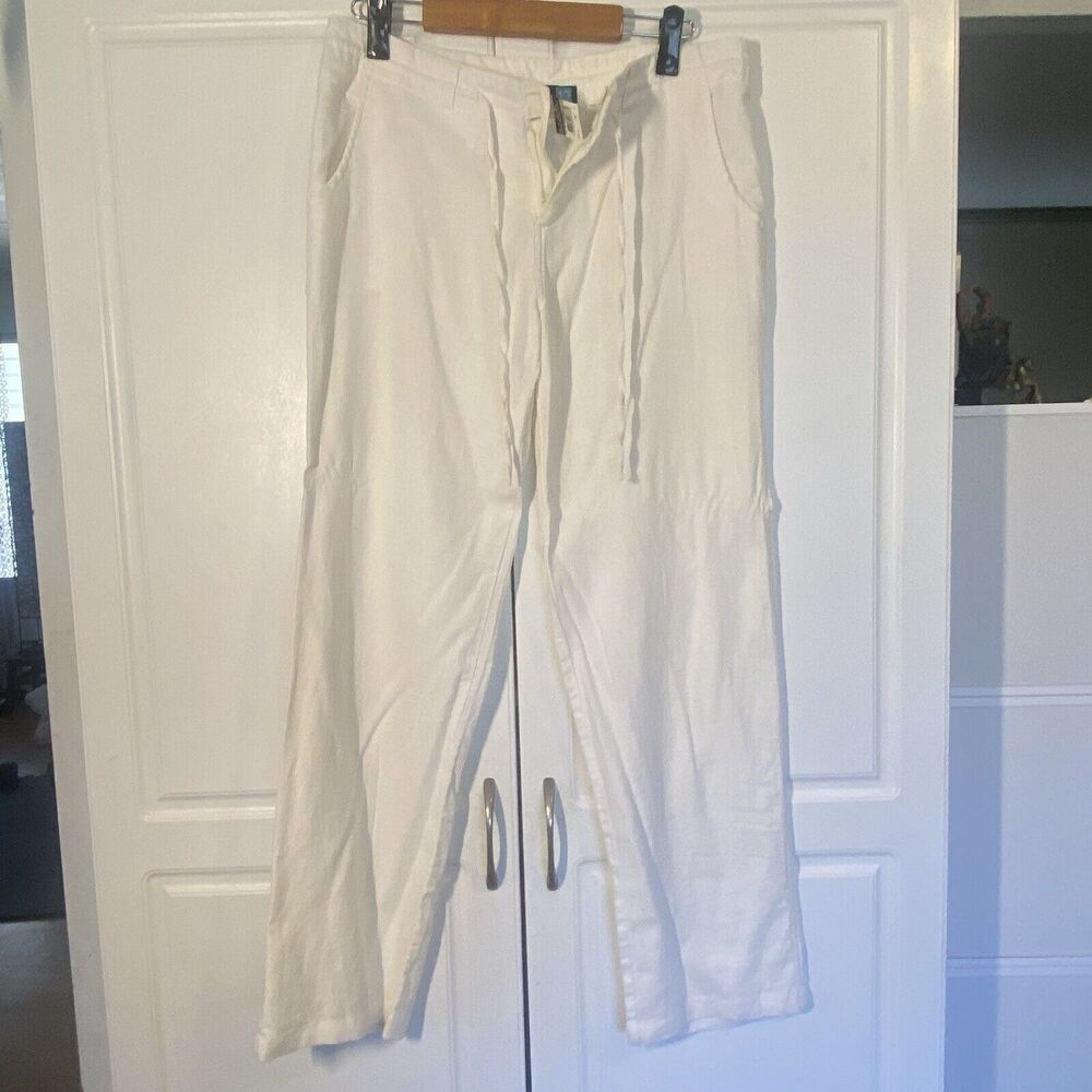 White Linen Rayon Women’s Pants, Drawstring, Y2K,  Vintage, Cottage Coastal, 12